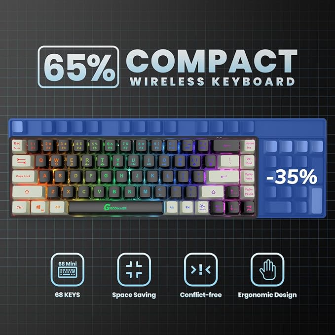 65% Wireless Gaming Keyboard: LED Backlit 68 Keys Ultra-Compact Anti-ghosting No-Conflict Wireless Keyboard for PC Laptop Windows Gamer(Black-White)