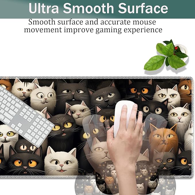 Large Game Mouse Pad + Wrist Support Pad + Coffee Coaster Desk Pad with Sewn Edges Anti-Slip Set pad Suitable for Office Work and Home - A Group of Cats