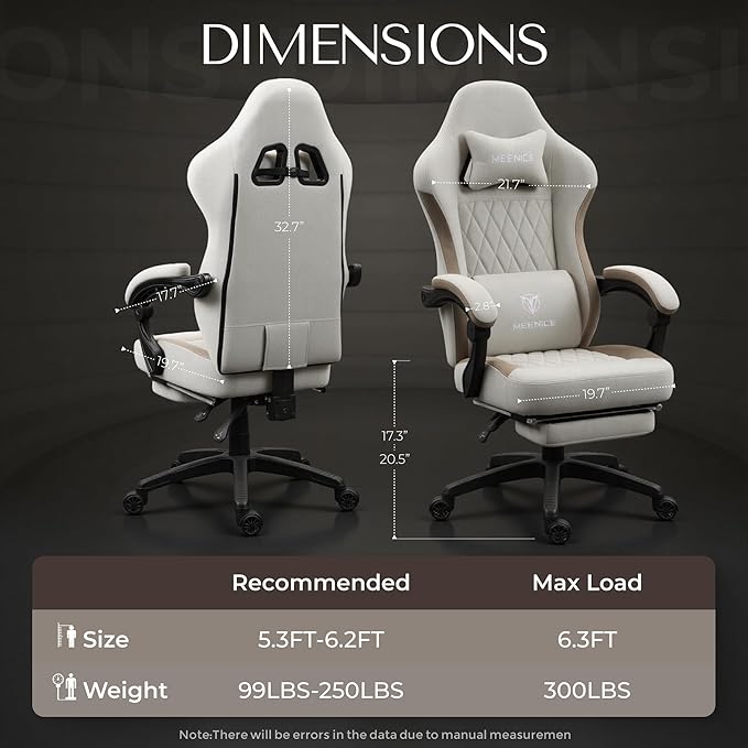 Gaming Chair Fabric with Pocket Spring Custion Ergonomic High Back Video Game Chair with Footrest Massage Lumbar Support Height Adjustable Comfy Computer Chair for Adults Game Beige White