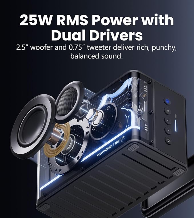 Edifier QD25 Bluetooth Speaker | Portable Desktop Audio 25W (RMS) Dynamic Sound Hi-Res Audio Splendid Light Effects 15H Playtime Bluetooth 6.0 Wireless Stereo Pairing White (Renewed)
