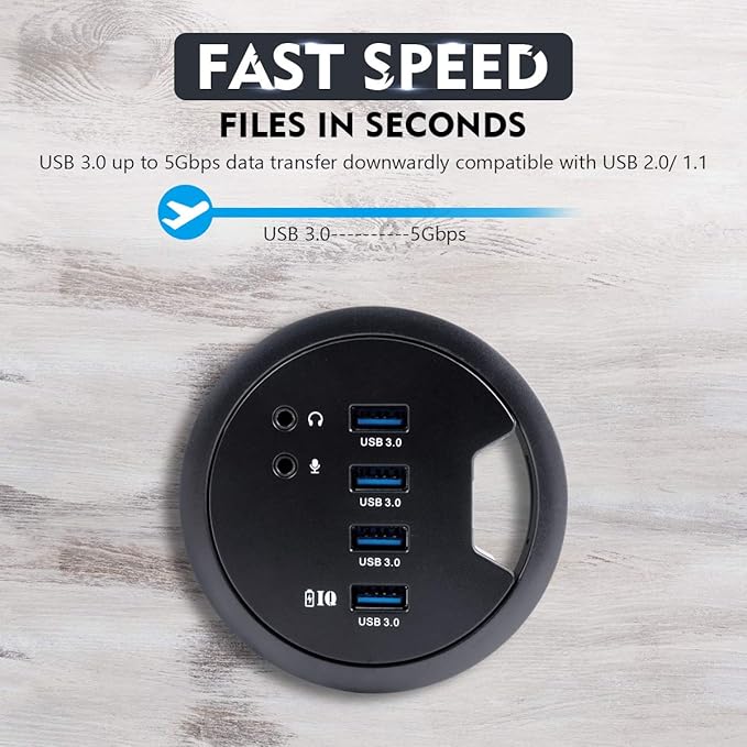WDX Desk-Fit (Diameter 3.14 or 80MM) 4 Port USB 3.0 Hub with 3.5mm Audio Mic Phone Jack/BC 1.2 USB Charger 5V/2A Power Adapter for iPhone/Smart Phones(usb3.0 4 Port)(AC Power Supply Included)