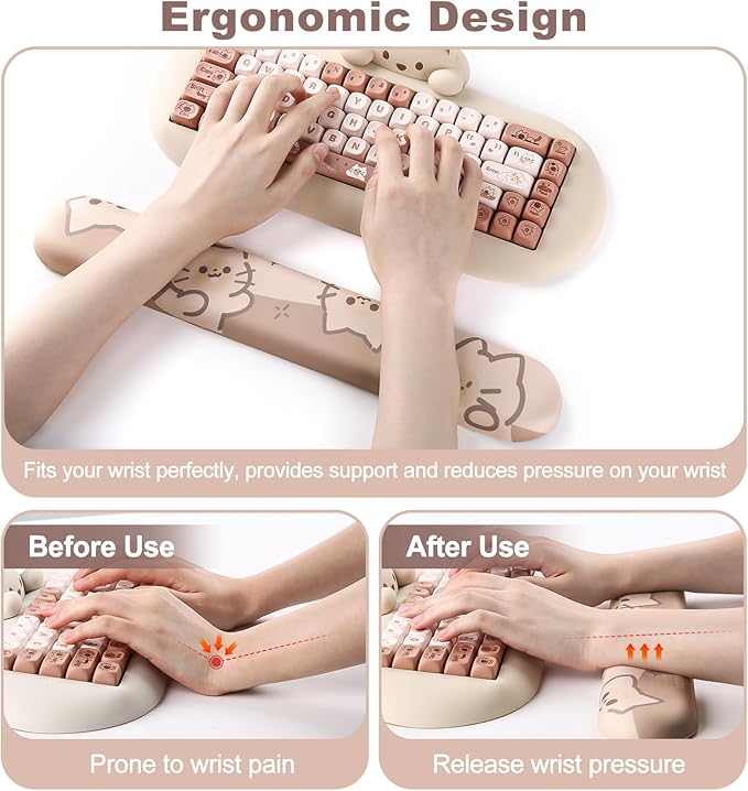 YUNZII Keyboard Wrist Support Ergonomic Mouse Support for Typing Pain Relief Slip Resistant PU Base Cute Wrist Rest for Office Gaming Computer (Cat)