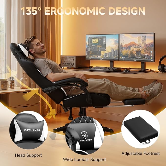 GTPLAYER Gaming Chair High Back Leather Computer Gaming Chair with Footrest Ergonomic Height Adjustable Office Chair with Removable Cover and Lumbar Support for Gaming and Work (WT)