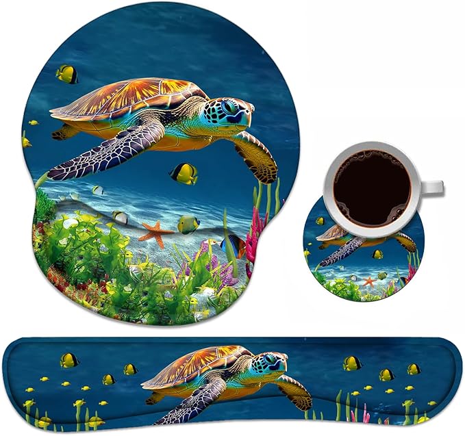 Keyboard Wrist Rest + Mouse Pad Wrist Support Set with Coasters Non-Slip PU Base Ergonomic Mousepad for Home Office Working Studying Easy Typing &amp Pain Relief Sea Turtle