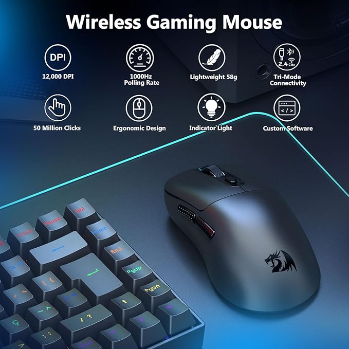 Redragon Wireless Gaming Mouse 58g Lightweight 12000 DPI Tri-Mode 2.4G/Bluetooth/USB-C PAW3311 Sensor 75Hr Battery Mice with 6 Programmable Buttons for PC/Mac (Black)