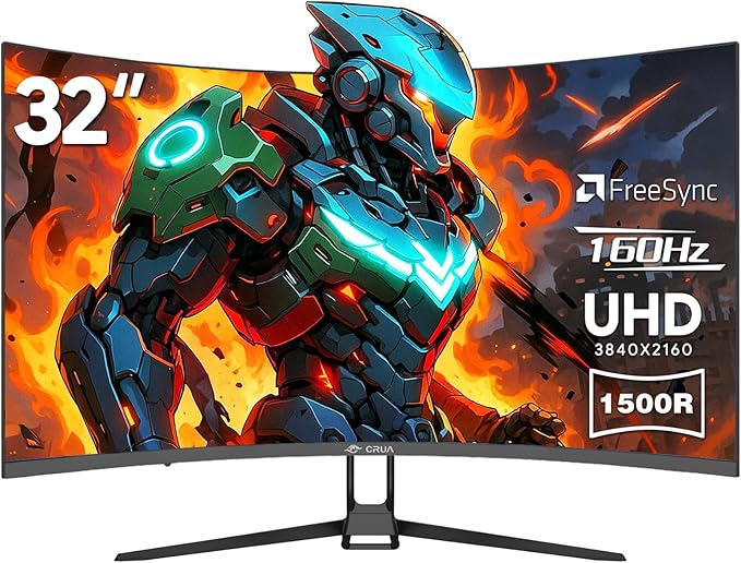 CRUA 32 Curved Gaming Monitor 4k UHD(3840 * 2160P) VA Screen 1500R 144Hz/160Hz Computer Moniter Supports AMD Freesync 120% sRGB Built-in Speakers Wall Mountable Installs(HDMI 2.1/DP 1.4)-Black