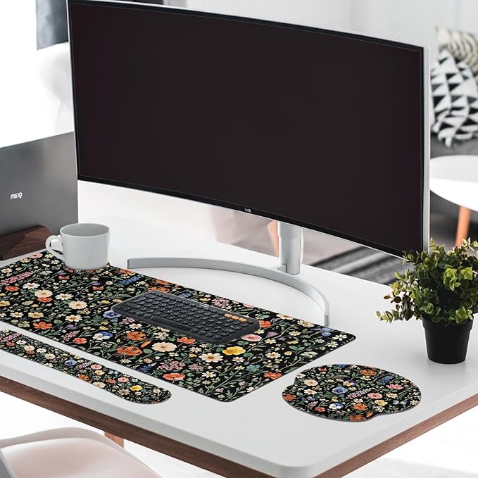 Britimes Black Florals Keyboard Mouse Pad Set Colorful Wildflowers 4in1 Large Mousepad+Keyboard Wrist Rest+Mouse Wrist Rest+Coaster Ergonomic Design for Home Office Computer 35.4x15.7 inches