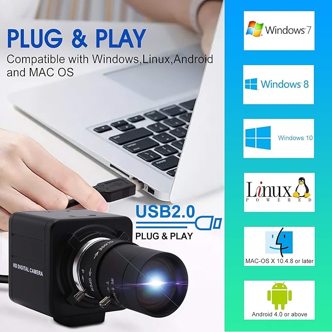 USB Camera 4K Ultra HD Webcam with 5-50mm Varifocal Lens USB Camera High Resolution 3840P Optical Web CameraManual Zoom Conference Webcam Support OPENCV on Mac/Window/Linux