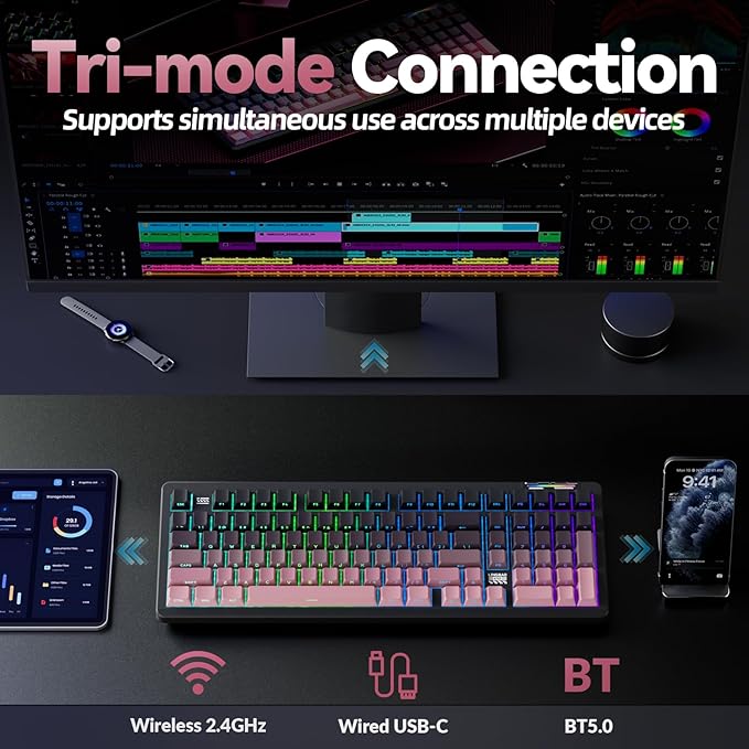 LINGBAO K98 - 96% Wireless Mechanical Keyboard Tri-Mode BT5.0/2.4GHz/USB-C Creamy Keyboard with Number Pad Gasket Hot Swappable Linear Switches RGB Backlit Gaming Keyboards for Win/Mac/PC (Pink)