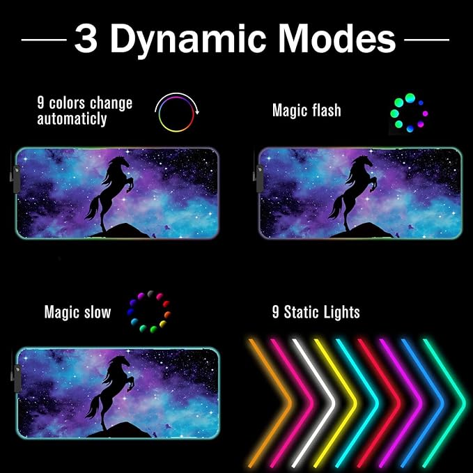 RGB Gaming Mouse Pad with Coffee Coaster Blue Galaxy Nebula Horse Design XXL Large Glowing LED Mousepad Anti-Slip Rubber Base Computer Keyboard Desk Mouse Mat 31.5 X 11.8 Inch