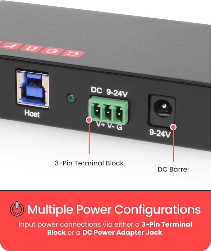 Gearmo 4 Port USB 3.0 Hub w/ESD and Surge Protection Wall and Desk Mount Ready USB-A Hub Includes 12V/2A Power Adapter and Terminal Block for Versatile Power Input