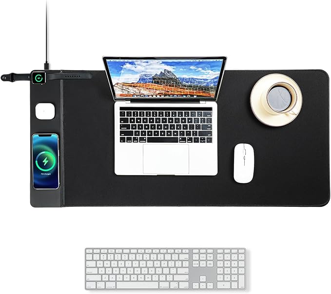 3 in 1 Wireless Charging Mouse Pad Gaming Mousepad with Wireless Charger Multiple Devices Compitable with Watch/iPhone/Airpods Large Desk Mat 90 x 40cmDesk Pad for MacBook PC Laptop-Black
