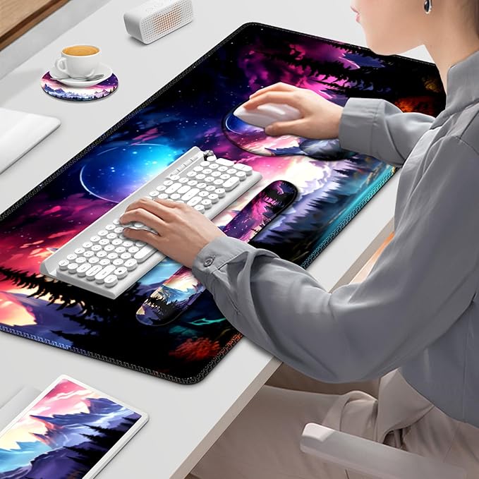 Gaming Mouse Pad Large Desk Mat Cute Desk Pad Protector 4in1 XXL Mousepad + Keyboard Wrist Rest+Mouse Wrist Rest+Coaster Set with Ergonomic Desk Pad for Home Office Table Computer Purple Hill