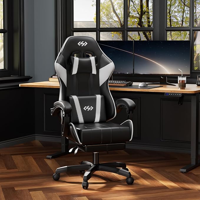 HLDIRECT Gaming Chair Ergonomic Computer Office Chair with Lumbar Support Footrest Headrest PU Leather 360° Swivel Adjustable Height Metal Frame 200 lbs Capacity (Black&ampWhite)