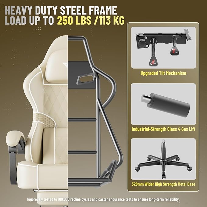 Ferghana Leather Ergonomic Gaming Chair with Footrest and Linkage Armrest High Back Computer Game Chair with Massage Lumbar Support for Adult(Beige)