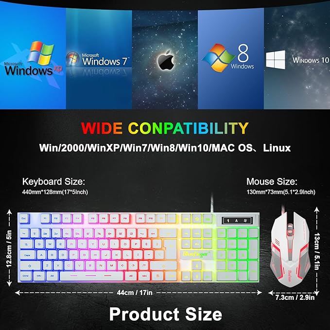 BlueFinger RGB Gaming Keyboard and Backlit Mouse Combo USB Wired LED Gaming Set for Laptop PC Computer Game and Work(White)