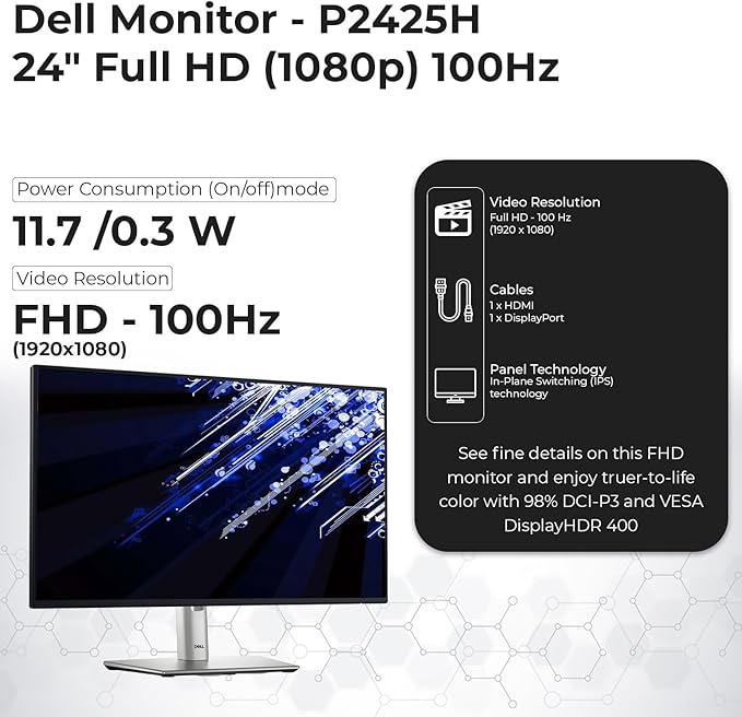 Dell P2425H Computer Monitor Screen 24 16:9 IPS Display with Stand - 1 Year Warranty 100Hz Full HD 1920 x 1080 with Power Cable Anyhdd DisplayPort HDMI USB 3.0 Upstream Cable &amp Cloth - New