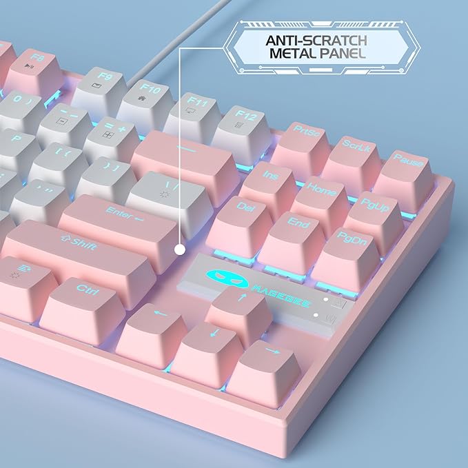 MageGee 75% Mechanical Gaming Keyboard Red Switch LED Blue Backlit 87 Keys Compact TKL Wired Computer Keyboards for Windows Laptop PC Gamer - White/Pink