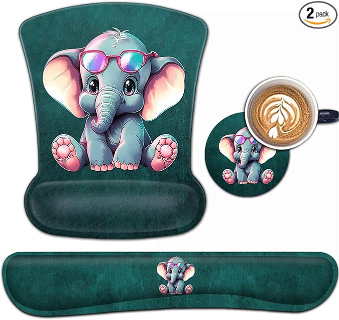 Keyboard Wrist Rest and Mouse Pad Wrist Support Set Ergonomic Gel Mouse Pad Wrist Rest with Non-Slip Base for Home Office Desk Pad Cartoon Animal Cute Baby Elephants Pattern Gaming Mouse Mat