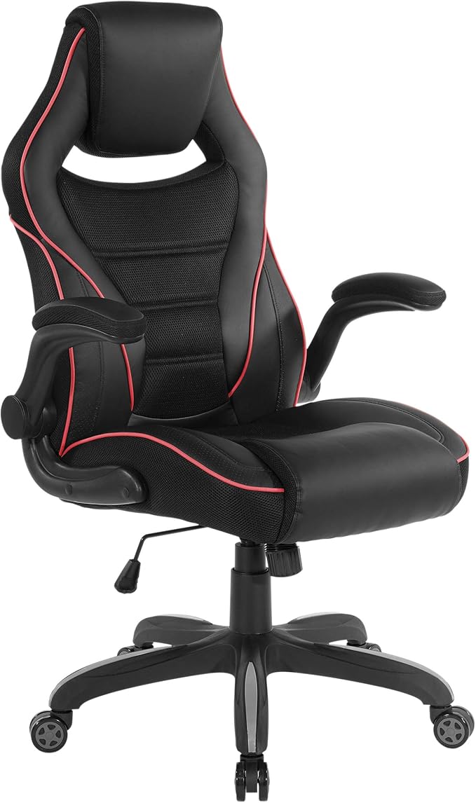 OSP Home Furnishings Xeno Ergonomic Adjustable Faux Leather Gaming Chair with Integrated Headrest and Airflow Cooling Material Black with Red Accents