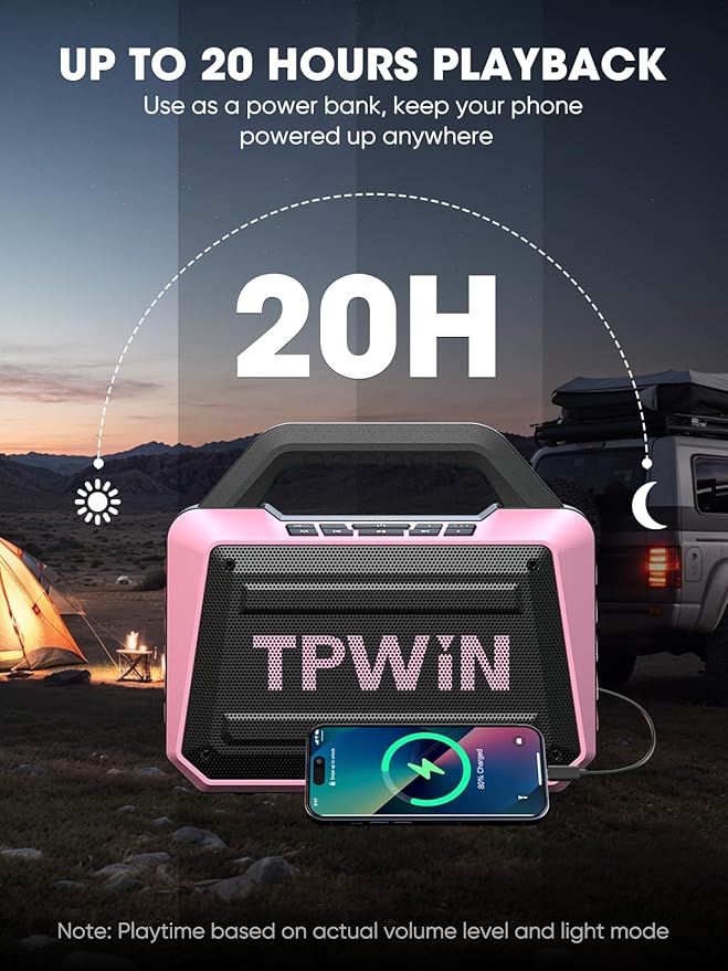 Wireless Bluetooth Speakers - Portable Speaker 80W Peak 20H Playtime Light Shows Loud Speaker with Strong Bass BT 5.3 TWS IPX6 Waterproof for Home Travel Outdoor Beach Camping - Pink