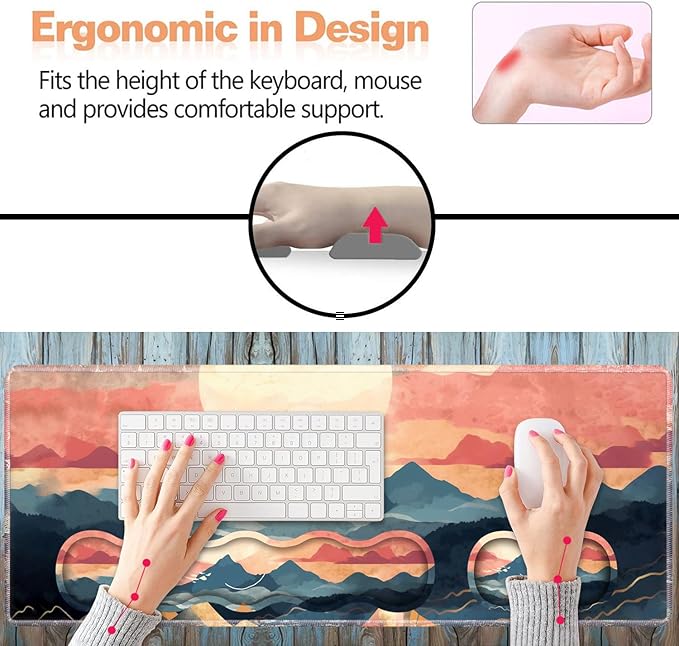 Ergonomic Keyboard Wrist Rest and Mouse Pad Wrist Rest Set Large XXL Gaming Mousepad 31.5x 11.8 Memory Foam Easy Typing Pain Relief Multifunctional Desk Mat for Office &amp Home Mountain Sunri