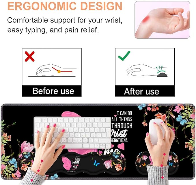 Ergonomic Keyboard Wrist Rest &amp Mouse Pad Wrist Rest SetFloral Butterfly Quote Bible Verse Philippians 4:13 Large Gaming Desk Mat 31.5x 11.8 with Memory FoamEasy Typing Pain Relief for Home Of