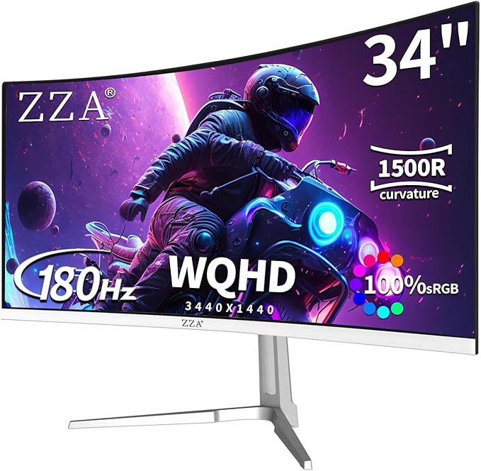 ZZA 34'' Gaming Monitor-165Hz/180Hz WQHD (3440x1440P) Ultrawide 34 White Curved MonitorFreeSync for Tear-Free Gaming100% sRGB HDMI 2.1 &amp DP 1.4PBP ModeWall Mountable