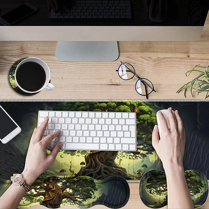 Gaming Mouse Pad Set Large Gaming Mouse Pad+Keyboard Wrist Rest+Mouse Wrist Rest+Coaster Easy Typing Pain Relief 31.5 × 11.8 inch Desk Mat for Home Office - Life Tree