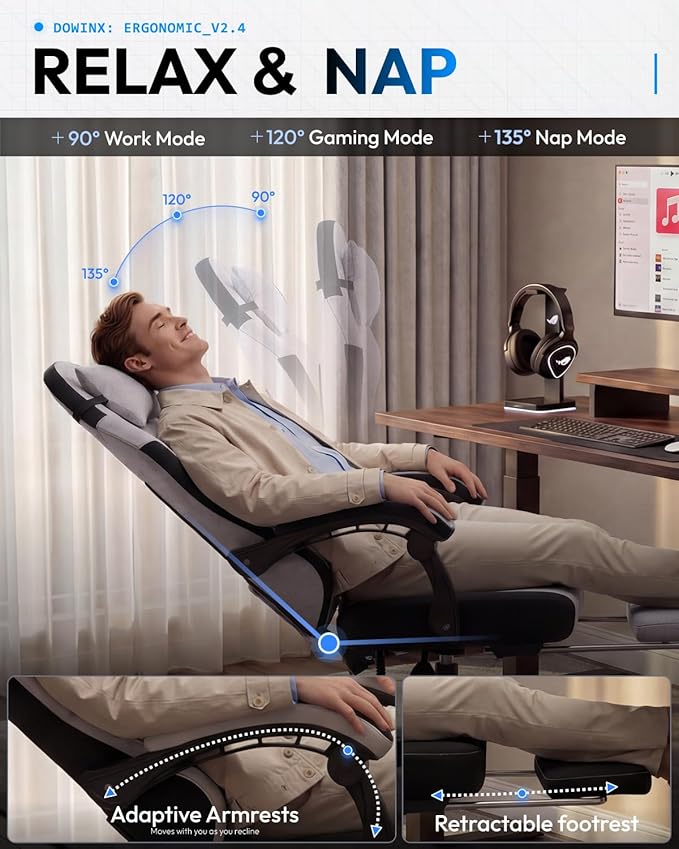 Dowinx Gaming Chair Fabric Gaming Chairs for Adults with Pocket Spring Cushions and Lumbar Support Ergonomic Massage Computer Chair with Footrest for Big and Tall Gray