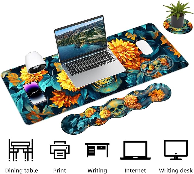 Keyboard Mouse Pad Set Extended Gaming Mouse Pad+Ergonomics Keyboard Wrist Rest Support Memory Foam Easy Typing Pain Relief 4Pcs XL Ultra Thick Desk MatSkull with Yellow Flowers