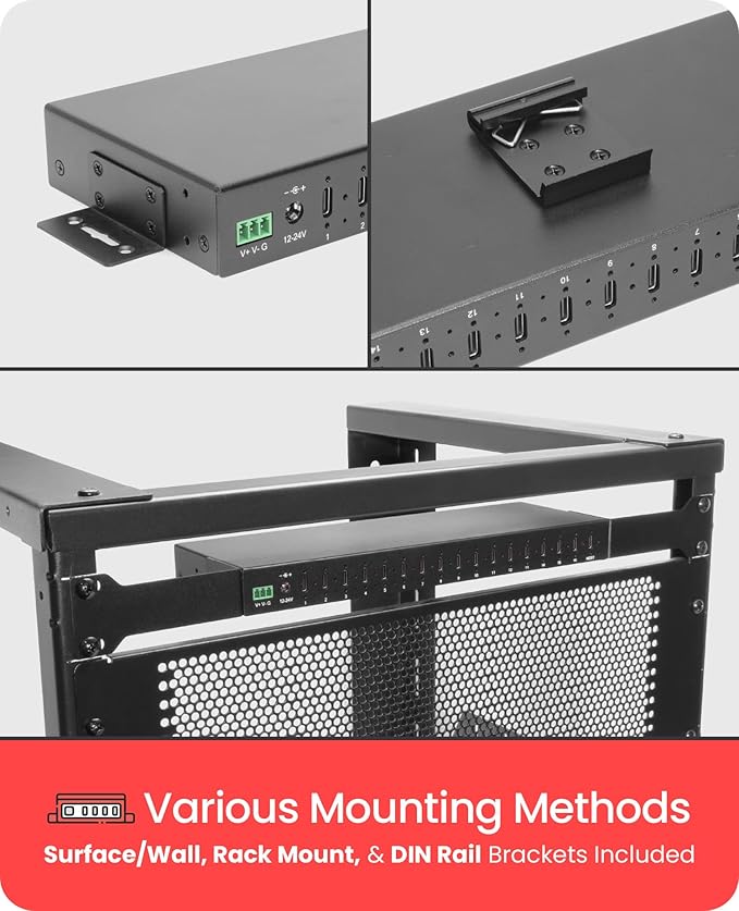 Gearmo Rugged 16 Port USB 3.2 Gen 2 Type-C Hub 10Gbps Rack Mount ESD Surge Protection