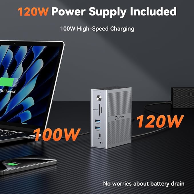 TobenONE DisplayLink Docking Station 3 Monitors 14-in-1 Triple Monitor Dock for M1-M5 MacBook/Mac mini Windows Chrome (3HDMI 120W Power Supply 5 USB Home Office &amp Professional Workspace