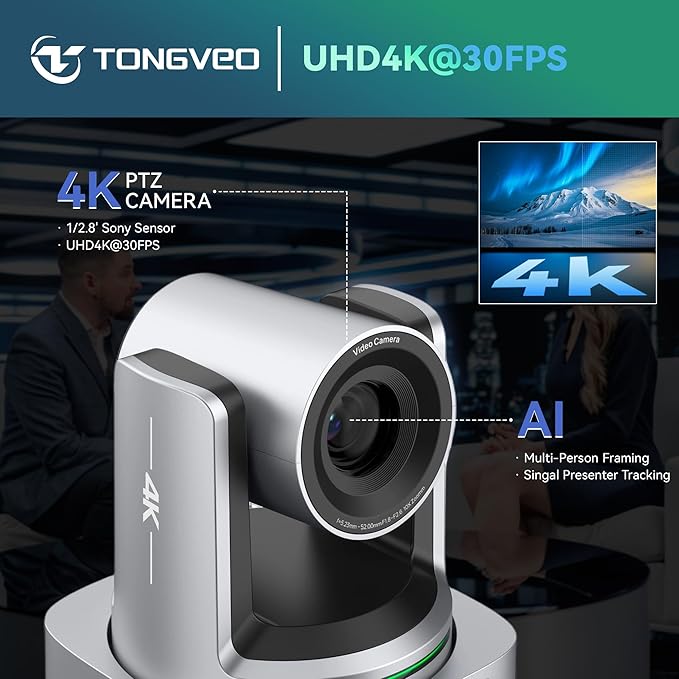 TONGVEO AI 4K PTZ Camera with Auto Tracking 10X Optical Zoom Video Conferencing Camera HDMI &amp USB 3.0 Plug and Play Webcam for Zoom Teams Church Worship Live Streaming Education