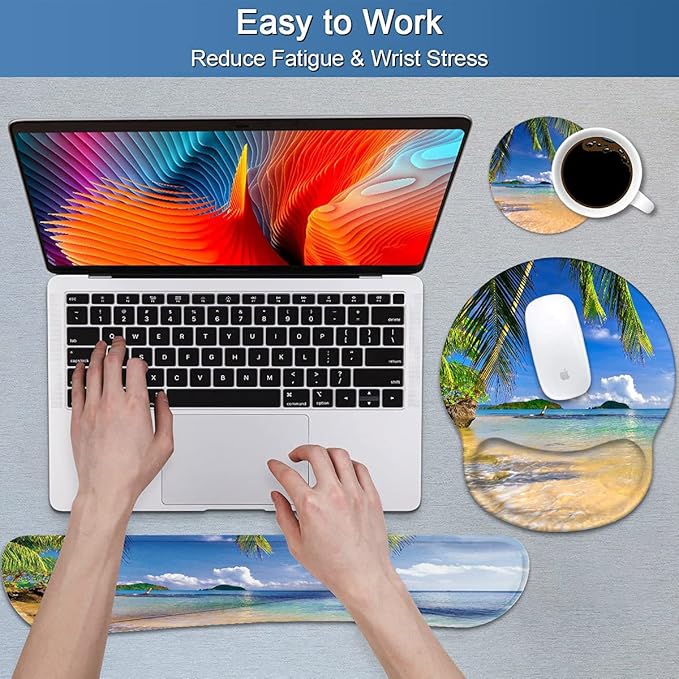 Keyboard Wrist Rest and Mouse Pad Wrist Support Set with Coasters Non-Slip PU Base Ergonomic Gaming Mousepad for Home Office Working Studying Easy Typing &amp Pain Relief Shore Palms Tropical Beach