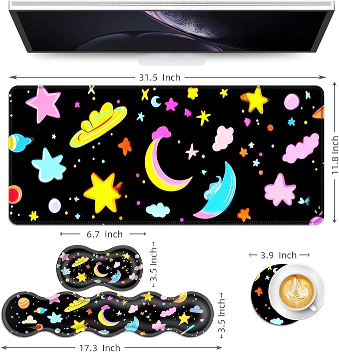 Keyboard Mouse Pad Set Extended Gaming Mouse Pad+Ergonomics Keyboard Wrist Rest Support Memory Foam Easy Typing Pain Relief 4Pcs XL Ultra Thick Desk MatSpace Stars Moons Clouds