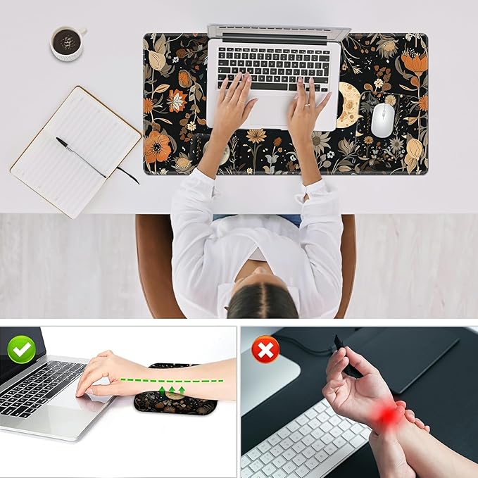 Wrist Rest Pad Small Mouse Pad and Office Desk Mat Set 3 in 1 Desk Pad 11.8 x 23.6+Mousepad +Mouse Wrist Rest with Ergonomic Design Non-Slip for Home Gaming Computer Flower Moon