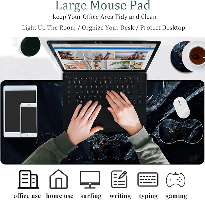 4 in 1 Mouse Pad Combo Large Gaming Mouse Pad + Keyboard Wrist Support + Mouse Wrist Rest + Coaster Table Pad 31.5 x 11.8 with Memory Foam Ergonomic Wrist Pad Set Cool Dark Dragon