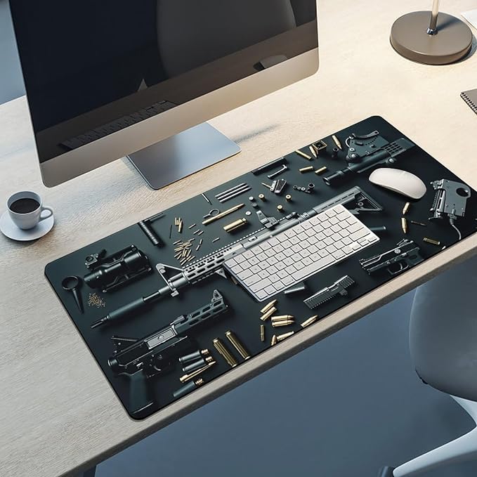 Military Gear Arsenal Set Gaming Mouse Pad Non-Slip Rubber Base XXL Mousepad Waterproof Washable Stitched Edge Mouse Mat for Desk Home Office 35.5x16