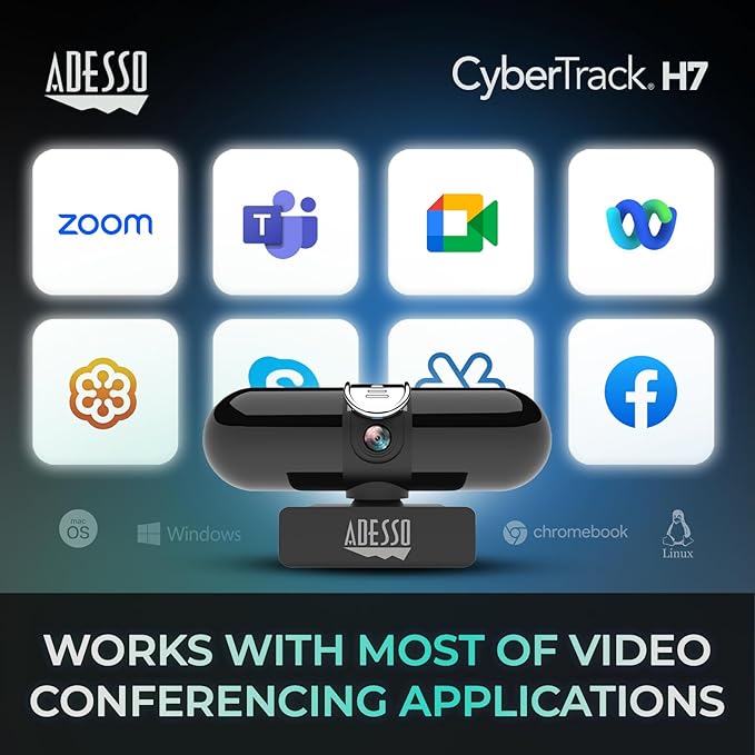 Adesso CyberTrack H7 2K Webcam with Microphone Autofocus Software Control &amp Privacy Cover USB QHD Computer Web Camera Plug and Play for Zoom/Skype/Teams Conferencing and Video Calling