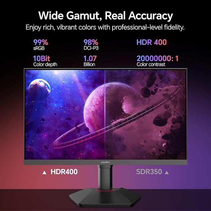 KOORUI 27 Inch Gaming Monitor 1440p 320Hz Fast IPS PC Monitor 1ms HDR400 98% DCI-P3 PIP/PBP Mode Adaptive Sync Compatible Ergonomic Stand HDMI 2.1 &amp DisplayPort 1.4 VESA Mountable G2721E