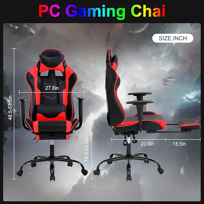 Gaming Chair Computer Chair Ergonomic Gaming Chair with Footrest Reclining High Back Video Game Chair with Lumbar Support Headrest Armrest Swivel Seat for Women Men (Red)