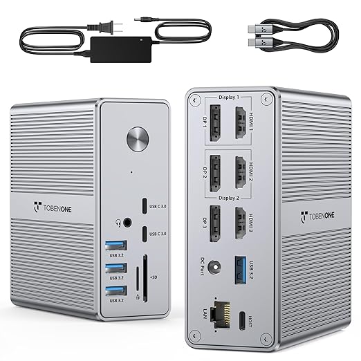 TobenONE DisplayLink Docking Station Triple Monitor with 120W Power Adapter Triple 4K Display for MacBook Pro/Air Thunderbolt 4/3 USB-C Windows(3X HDMI 3X DP 2xUSB-C 4xUSB 3.2 SD/TF)