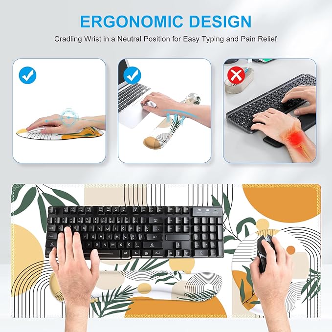 iCasso Mouse Pad and Keyboard Wrist Rest Set 4in1 XXL Large Mousepad +Keyboard Pad+Mouse Wrist Rest+Coaster with Wrist Support Ergonomic Desk Pad Mat for Home Office Table Computer-Elm Leaf
