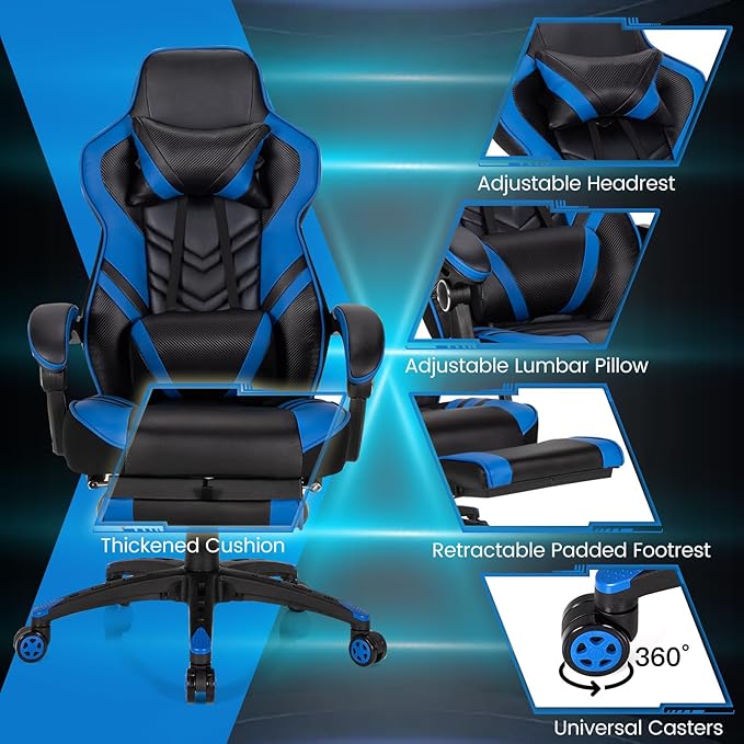 Goplus Gaming Chair Computer Chair with Footrest and Lumbar Support Height Adjustable Executive Swivel Rolling Task Chair with 90°-155° Tilt Function (Blue)