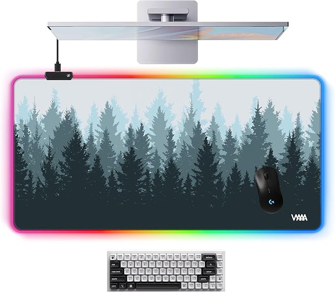 Vyaaa Extended Mouse Pad 39.3 x 19.7 RGB Desk Mat Extra Large Desk pad with Non-Slip Rubber Base Keyboard Mouse Pad Suitable for Home Gaming Office(Forest)