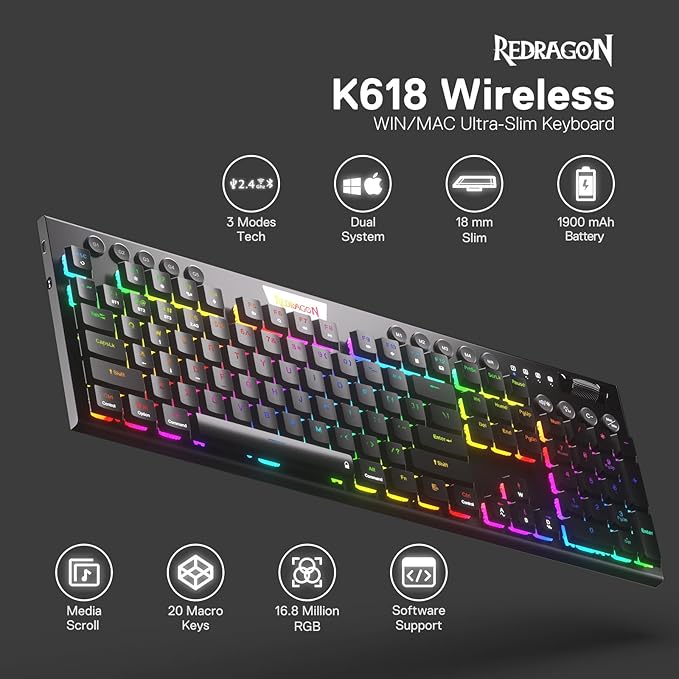 Redragon K618 PRO 3-Mode Wireless RGB Mechanical Keyboard BT/2.4Ghz/Wired Low Profile Win/Mac Gaming Keyboard w/Ultra-Thin Design Dedicated Media Control &amp Tactile Blue Switch