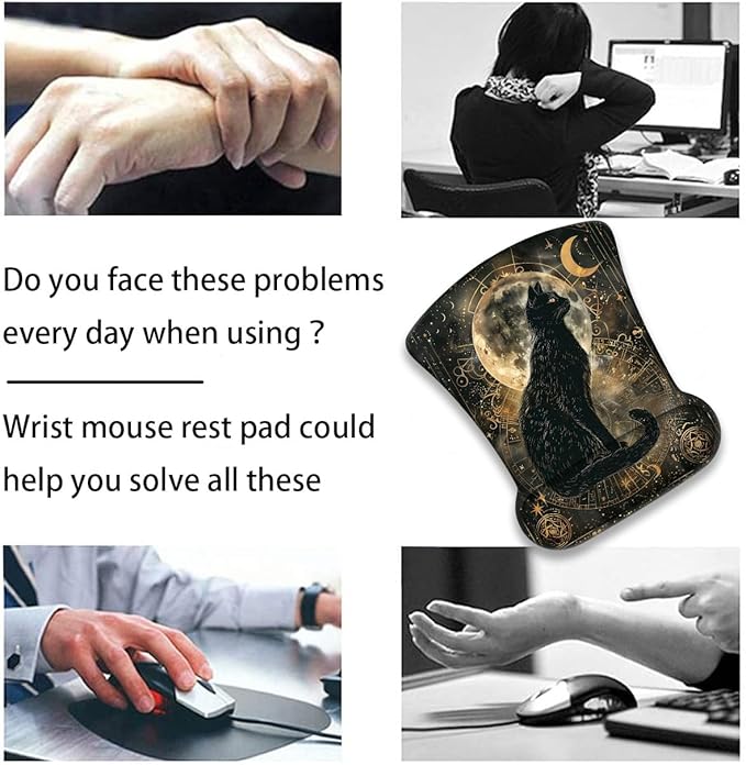 Mouse Wrist Rest and Keyboard Wrist Rest Pad+ Coaster Set Non-Slip Rubber Base Smooth Surface Ergonomic Gaming Mouse Pad for Easy Typing and Pain Relief Divination Black Cat