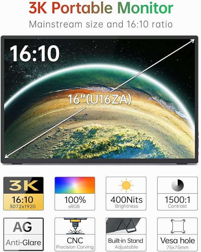 Intehill 16 Portable Touchscreen Monitor 3K 16:10 Touch Screen Display with Tempered Glass 100% sRGB Travel Monitor with Adjustable Stand Speakers HDMI Second External Screen for Laptop U16ZT