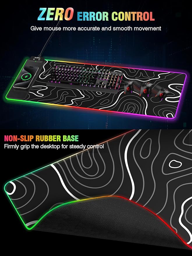 Wireless Charging RGB Gaming Mouse Pad 31.5x15.7 XXL Large Desk Mat Desk Pad for Gamer 9 Light Modes Non-Slip Rubber Base Waterproof Computer Keyboard Mat Black